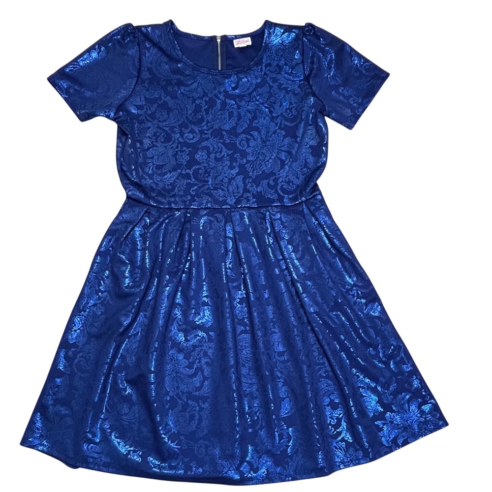 LuLaRoe Womens Dress Amelia Size 2XL Elegant Blue Metallic Floral Paisley